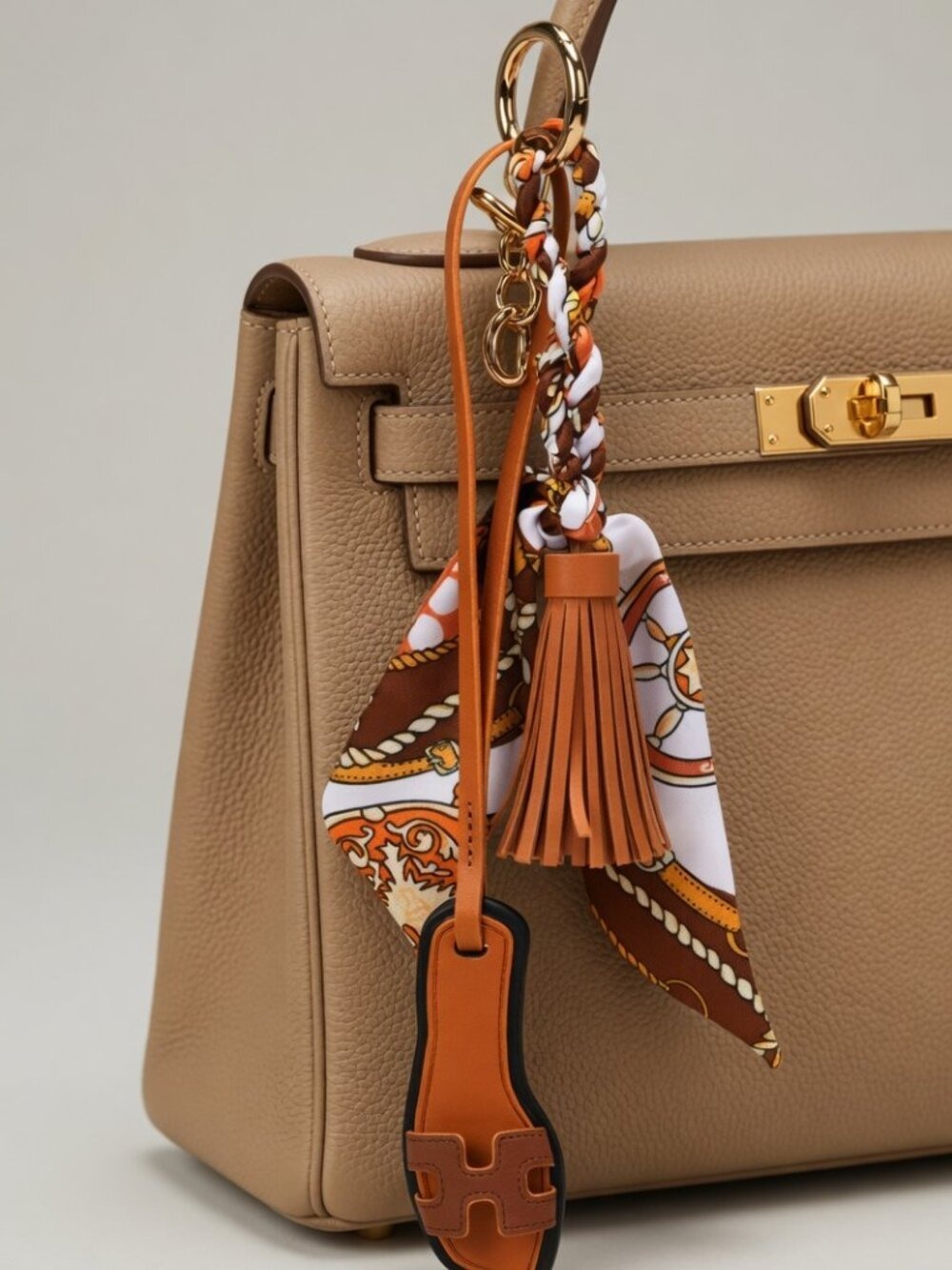 *Brown Tassel Twilly Scarf Bag Charm Keychain Purse Accessory